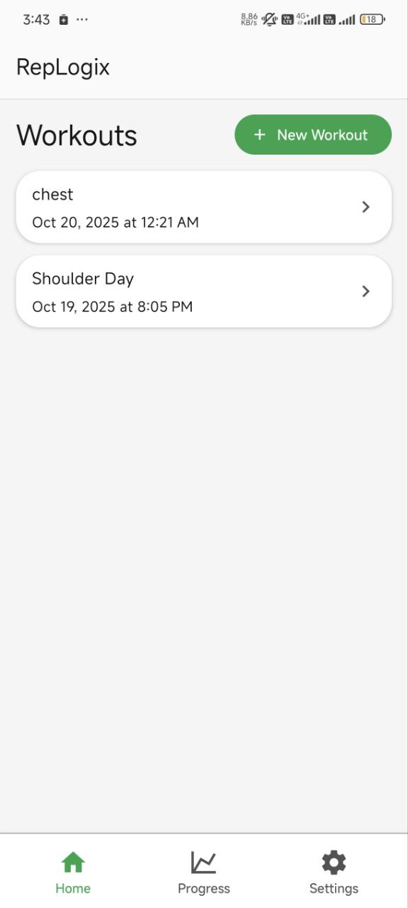 RepLogix Workouts Screen